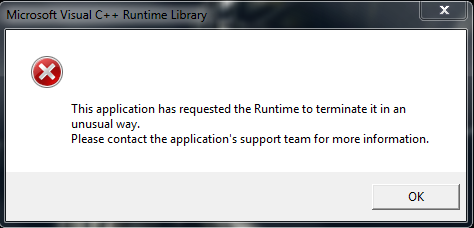 Runtime Error this application has requested the runtime to terminate it in an unusual way решение.