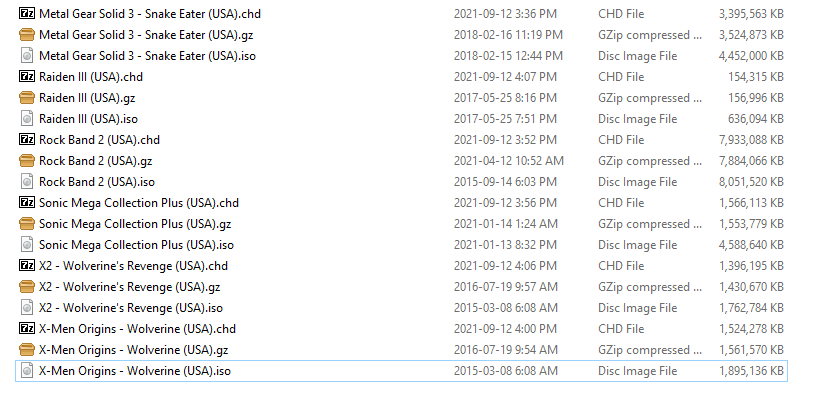 PS2 ROMS Size Comparison ISO/GZIP/CHD Format