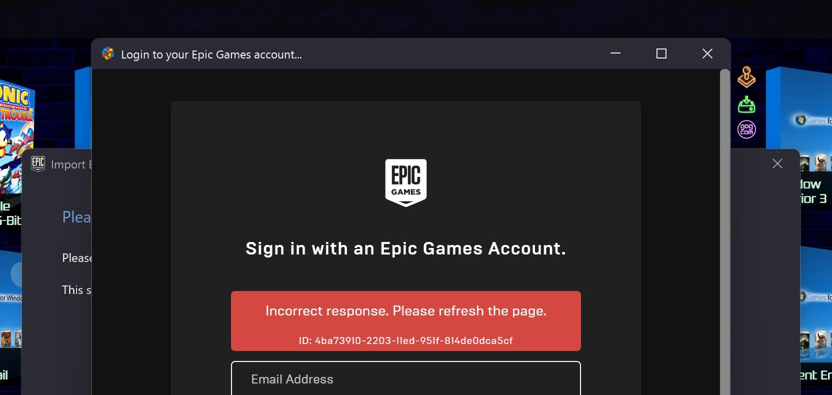 Epic Games Store login and registration error